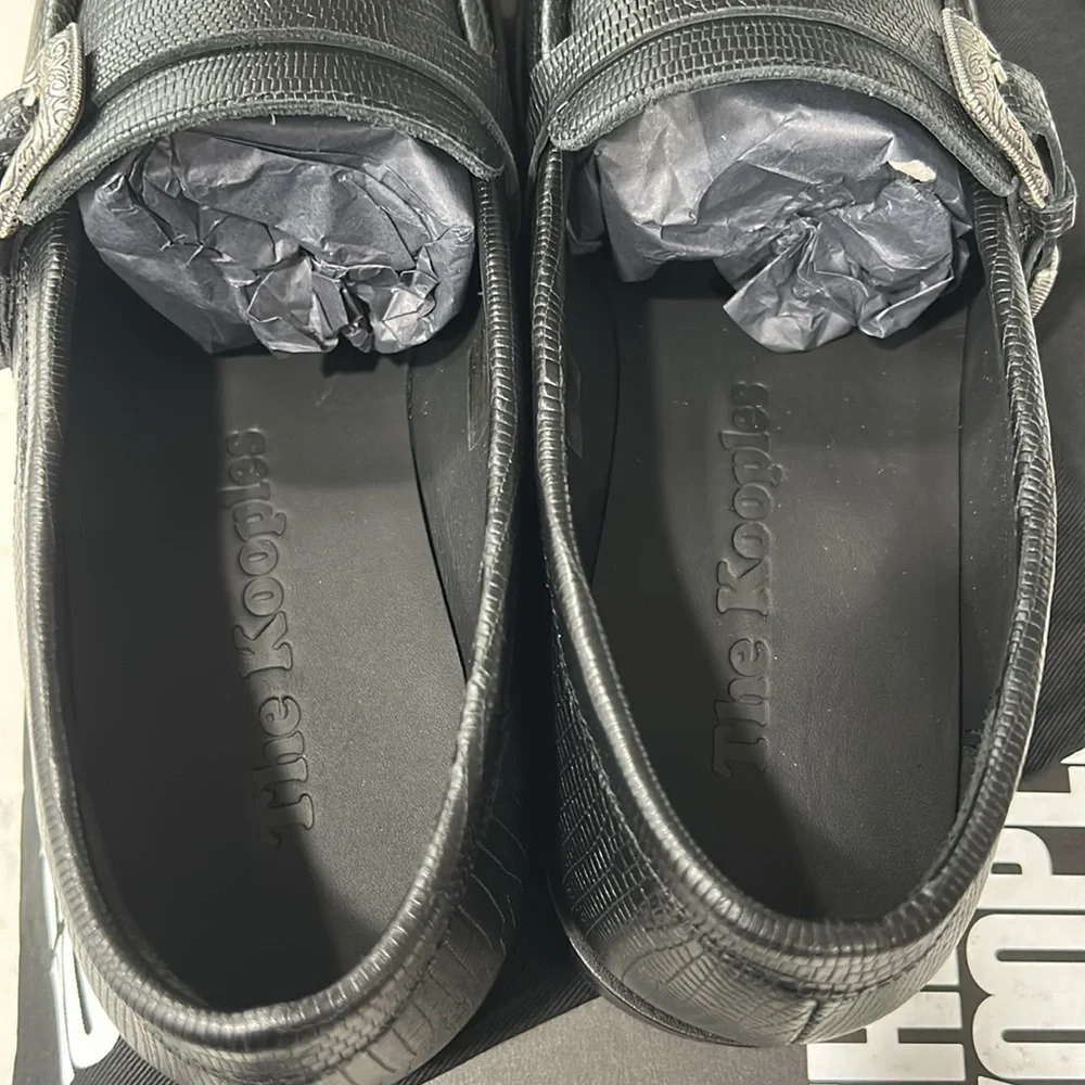 THE KOOPLES BLACK LEATHER LOAFERS WITH WESTERN BUCKLE, NWB - Picture 8 of 10